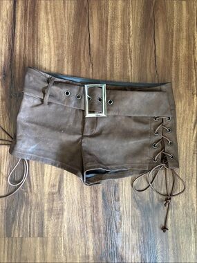 Faux Leather Lace-Up Brown Belted Shorts